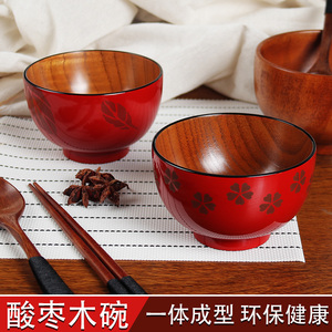 木碗家用饭碗木质头餐具日式酸枣儿童碗实木制沙拉碗大号碗筷套装
