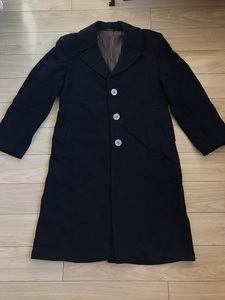 七八十年代老式男士有机玻璃纽扣深蓝色长款毛呢大衣外套影视道具