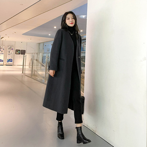和尚领暗扣双面羊绒大衣女中长款2021年新款秋冬高级灰羊毛呢外套