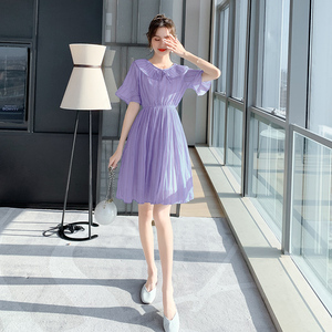 夏季条纹紫色连衣裙女夏天2022新款收腰显瘦气质雪纺香芋紫长裙子