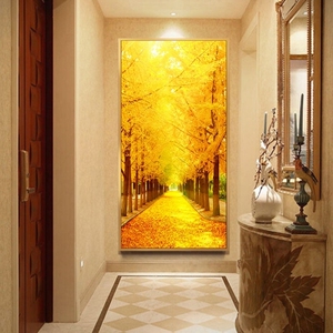 简约现代黄金大道银杏风景油画客厅玄关装饰画芯微喷定制打印走廊
