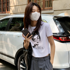 美女人头印花短袖t恤女网红ins潮夏修身上衣韩版纯棉圆领短款体恤