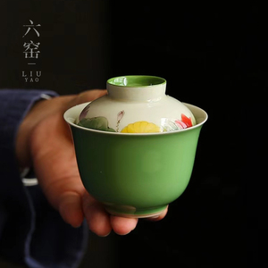 手绘荷绿三才盖碗茶杯家用陶瓷单个小号泡茶器茶碗小清新功夫茶具