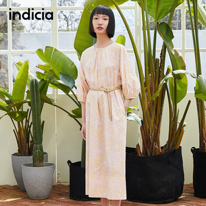 the indicia标记女装2022年春夏季七分袖短袖连衣裙宽松印花长裙