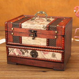 古风复古首饰收纳盒高档精致化妆盒中式结婚梳妆盒带镜子木质盒子