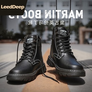 leeddeep人本靴子男秋季黑色马丁靴男士英伦风高帮潮鞋工装靴男士