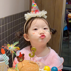 多巴胺生日周岁糖果毛球带纱发箍派对公主女孩儿童发饰帽子头饰