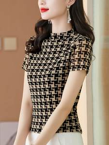 韩版半高领短袖上衣女夏季新款气质洋气小衫千鸟格打底衫网纱t恤
