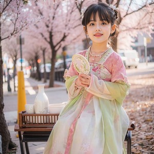 女童汉服女宝宝中国风粉色蝴蝶连衣裙小女孩古装儿童唐朝桃花襦裙