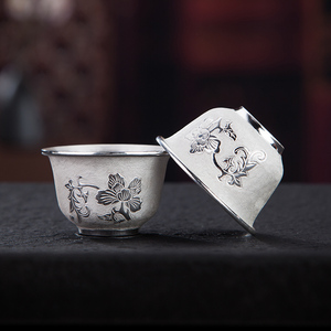 牡丹小银杯子纯手工银杯子999纯银主人茶杯高品质全银功夫小茶碗