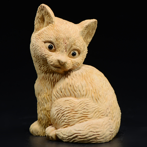 小叶黄杨木雕猫摆件实木头雕刻发财猫手把件车内饰品红木工艺礼品