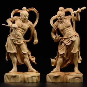 木头雕刻哼哈二将摆件实木质左右护法小叶黄杨木雕红木家居工艺品