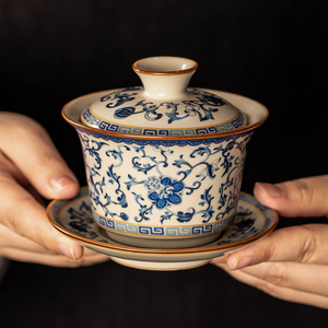 青花汝窑三才盖碗茶杯单个高档功夫茶具茶碗带盖不烫手陶瓷泡茶器