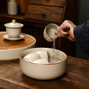 汝窑茶洗杯洗家用茶盆陶瓷功夫茶具水盂渣缸开片可养笔洗茶道配件