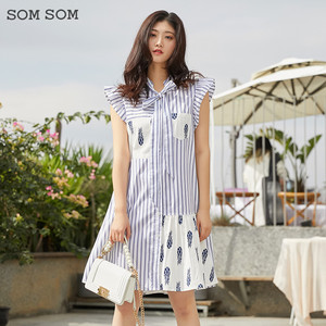 somsom/索玛2022夏季新款无袖连衣裙女中长款条纹印花衬衫裙12170