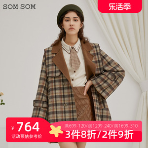 SOMSOM/索玛冬季新款格子毛呢外套女羊毛西装领呢子大衣