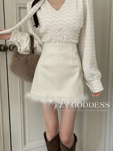 zy2023年冬季新款韩版设计感拼接羽毛显瘦a字半身裙小众pu皮短裙