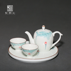 手绘荷花茶具套装礼盒粉青瓷功夫茶具一壶两杯1-2人小型茶具套装
