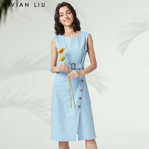 r2014102 2020春女装新款纽扣装饰系腰带无袖连衣裙红英企业折扣店