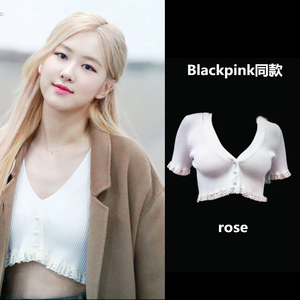 新款韩国blackpink朴彩英rose同款白色花边短款露脐t恤春夏女上衣