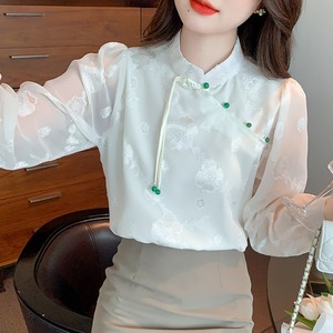 中国风白色复古衬衫女长袖春装2024年新款盘扣小衫改良旗袍式上衣