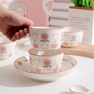 粉色小猪陶瓷碗釉下彩家用卡通米饭碗陶瓷勺组合餐具宝宝吃饭小碗