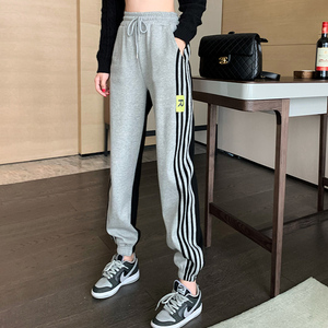 秋冬拼接束脚运动休闲裤女加绒松紧腰宽松阔腿显瘦百搭哈伦裤ins