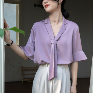 紫色飘带领短袖衬衫女夏2024新款高级设计感衬衣职业通勤气质上衣
