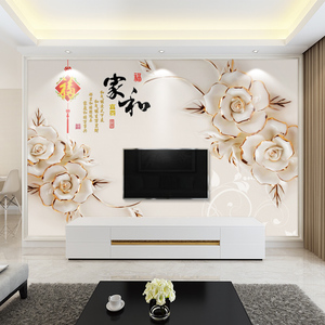 3d电视背景墙壁纸花鸟中式家和客厅影视墙布立体壁画高档墙纸装饰