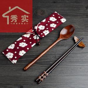 实木木勺日式可爱餐具和风勺子木质情侣环保套装叉子筷子礼品绑线