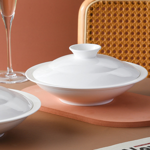 白色骨瓷和合器盘子带盖菜盘深盘家用汤盘蒸蛋碗微波炉菜碟圆盘