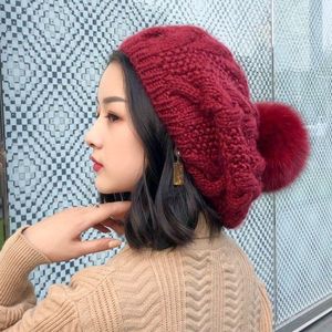 韩国洋气毛球毛线帽子女时尚百搭潮帽秋冬季保暖蓓蕾帽花纹贝雷帽