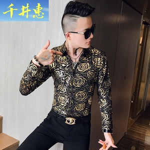 霸气男装黑社会中国风小伙花衬衫男港风秋装长袖社会青年个性烫金