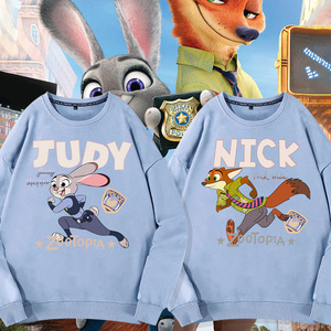 迪士尼疯狂动物城衣服男朱迪和尼克联名外套儿童情侣圆领卫衣加绒
