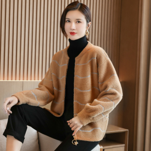 仿水貂绒外套女短款春秋无领毛衣宽松百搭针织开衫今年流行的大衣