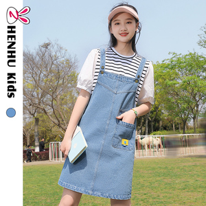 高中女生夏装吊带连衣裙少女大童宽松初中学生学院风牛仔背带裙女