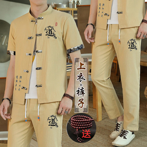 开衫棉麻套装男士新款刺绣唐装复古中国风盘扣立领短袖裤子两件套