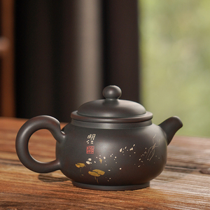 建水紫陶仁烨堂茶壶金鳞明仁纯手工彩填复古黑陶单壶家用y功夫茶