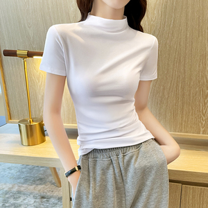 白色半高领短袖t恤女2024年春夏新款纯棉紧身半袖显瘦百搭上衣潮