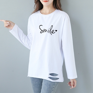 长袖t恤女ins超火中长款原宿风chic港味韩版潮破洞白色上衣早秋季