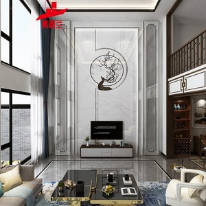 复式楼背景墙别墅客厅挑高中空跃层轻奢大理石影视墙装饰岩板板材