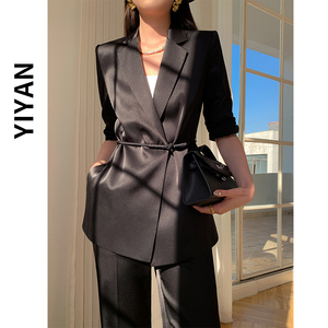 国风中式西装套装女夏季薄款2024新款修身韩版高级感醋酸黑色西服