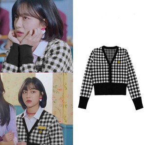 女神降临姜敏儿崔秀雅明星同款黑白棋盘格v领韩版修身针织开衫女