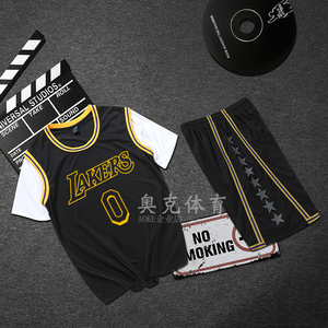 湖人篮球服假两件带袖上衣尼克杨0号黑白球衣女圆领套装团队定制