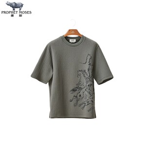 七夕hermes/爱马仕男士2023新款饰骏马飞奔图案棉质短袖圆领t恤