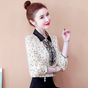 春季雪纺衬衫女装春装2021年早春新款潮蕾丝女士小衫洋气时尚上衣