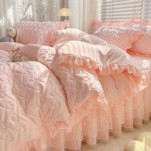 公主风夹棉被套四件套床裙纯棉全棉宿舍粉色床单被罩单件被单被子