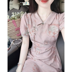 新中式国风改良年轻款连衣裙女夏季2024新款重工绣花粉色旗袍裙子