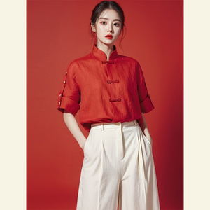 新中式国风高级感气质时髦上衣多巴胺红色棉麻立领盘扣衬衫女夏季