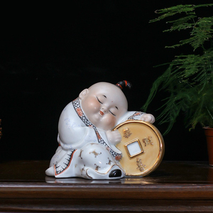 现代中式家居招财娃娃礼品景德镇陶瓷童子恭喜发财创意可爱工艺品